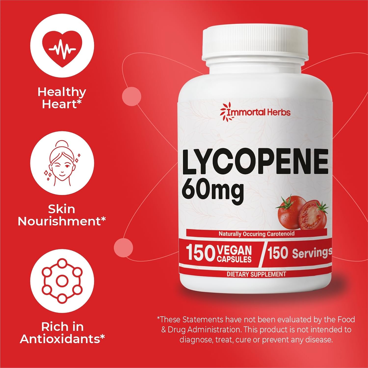 Lycopene Supplement for Men 60mg, 150 Capsules, Natural Tomato Extract Powder for Skin, Heart & Immune Support, 100% Veg Lycopene Complex, Non-GMO and Gluten Free Carotenoid Supplement