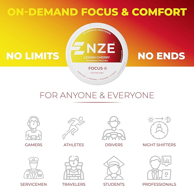 NZE Caffeine Free Nootropic Pouches (Lemon Cherry) - Nootropic Pouches with Alpha GPC, L-Tyrosine & L-Theanine - No Sugar or Artificial Sweeteners - 15 Pouches Per Can - 5 Pack