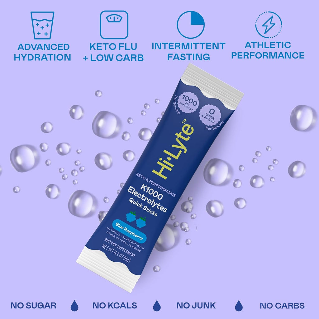 Hi-Lyte K1000 Electrolytes Sticks Blue Raspberry Keto & Performance, 30 Servings