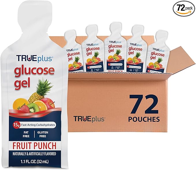 TRUEplus Glucose Gel Pouch, Fruit Punch Flavor, 15g Fast-Acting Carbohydrates, Fat Free, Gluten Free, Quick Support for Low Blood Sugar and Energy, 72 Pack
