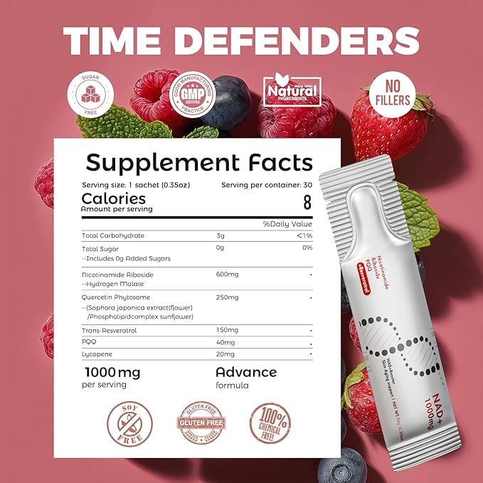NAD+ Liquid Supplement 1000mg 30 Sachet, Nicotinamide Riboside & Resveratrol with PQQ DNA Repair Advanced NAD Supplement for Men & Women,Boosts Cellular Energy