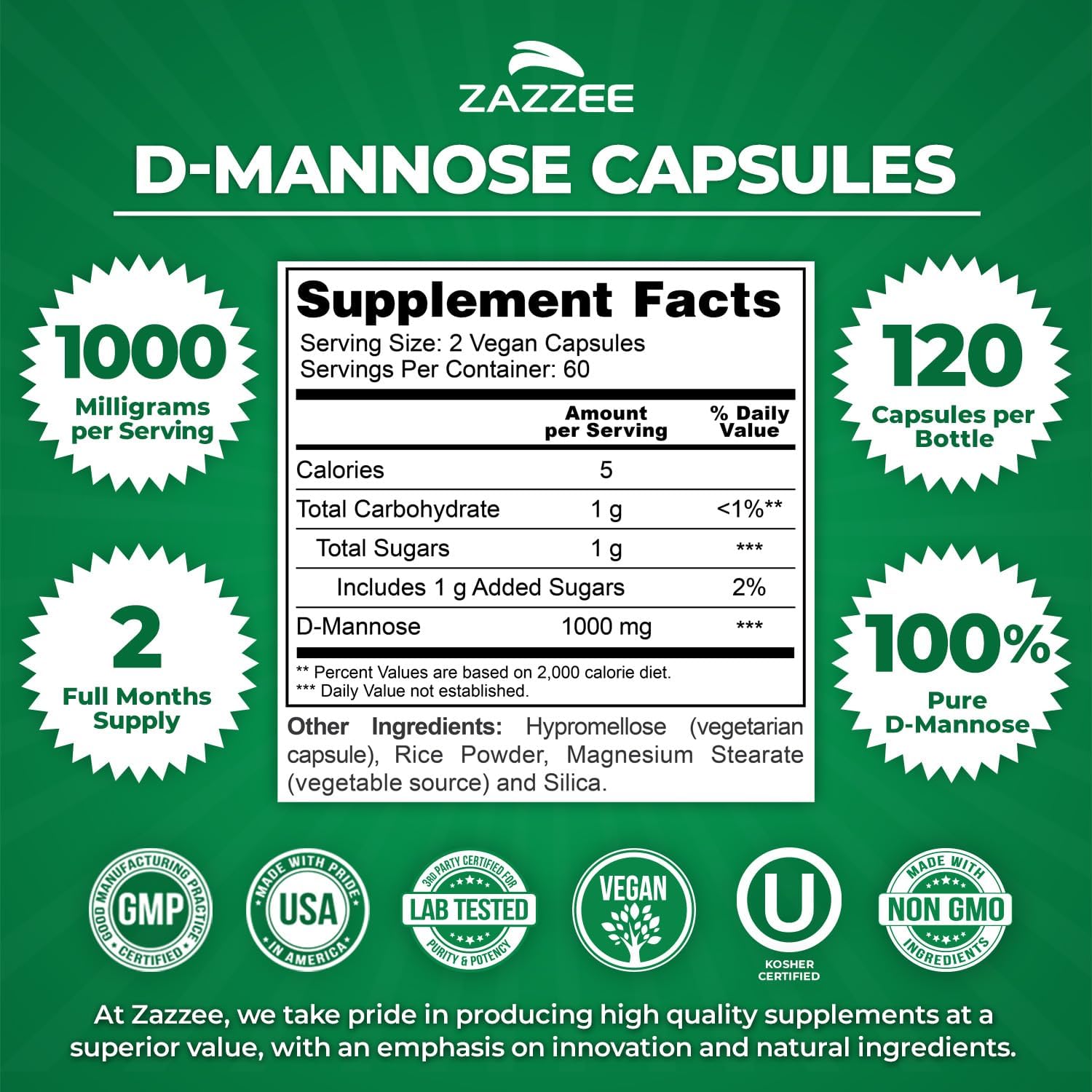 Zazzee D-Mannose, 1000 mg per Serving, 120 Vegan Capsules, 2 Month Supply, Potent & Fast-Acting, Certified Kosher, 100% Pure, All-Natural Urinary Tract Health Support, 100% Vegetarian, Non-GMO