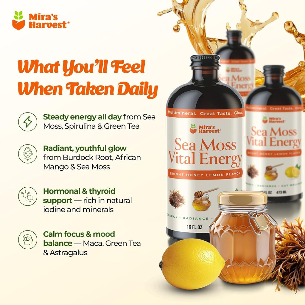 Mira’s Harvest Wildcrafted Sea Moss Bitters Liquid, with Soursop Guanabana 16oz For Energy, immune boost and radiance, ultra absorption, great taste (Seamoss-Honey Lemon)