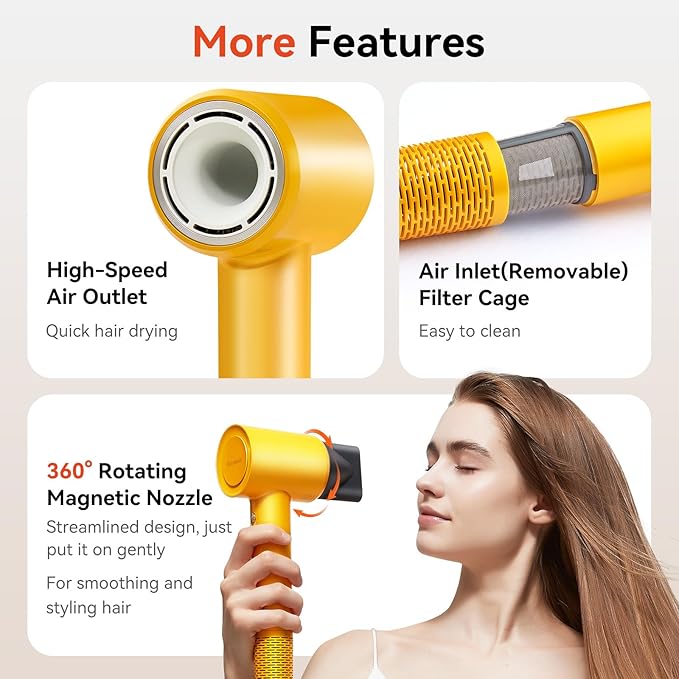 Ionic Hair Dryer, 500M Negative Ions UP 160,000 RPM High-Speed Brushless Blow Dryer for Frizz-Free Shine, Fast Drying Intelligent Thermo-Control, Lightweight Dryer with Magnetic Nozzle