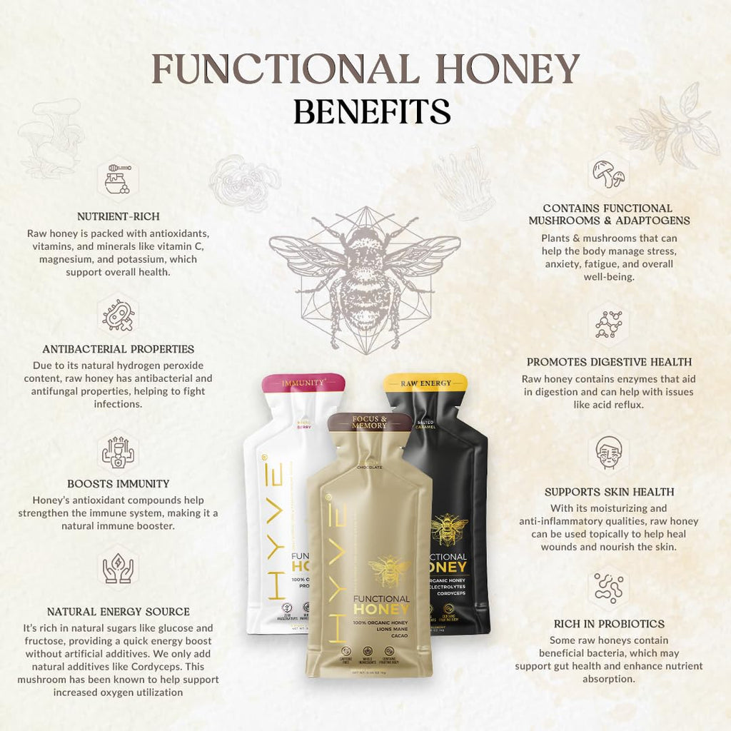 HYVE Functional Pre-workout Honey – Caffeine Free Raw Energy Packets with Organic Cordyceps Mushrooms, Volcanic Sea Salt & Organic Honey – Energy Boost with Natural Adaptogens, Pack of 15 Sachets, Sweet & Salty