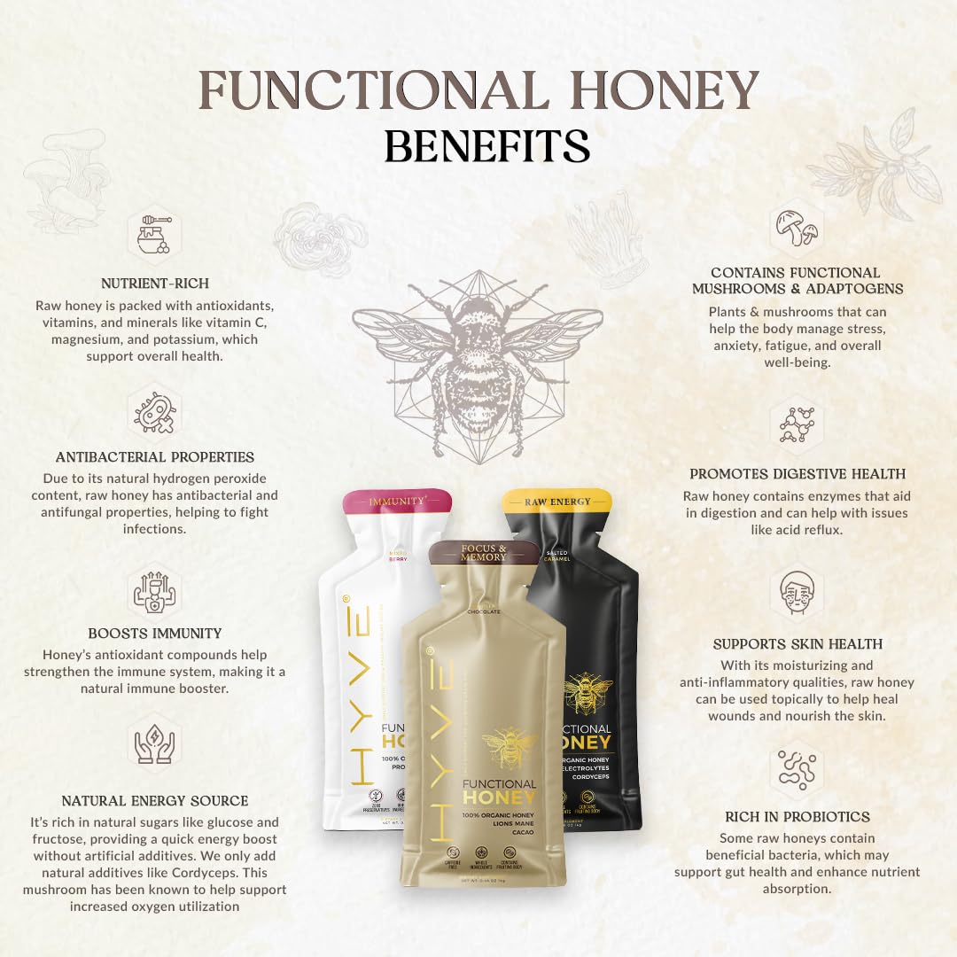 HYVE Functional Pre-workout Honey – Caffeine Free Raw Energy Packets with Organic Cordyceps Mushrooms, Volcanic Sea Salt & Organic Honey – Energy Boost with Natural Adaptogens, Pack of 15 Sachets, Sweet & Salty