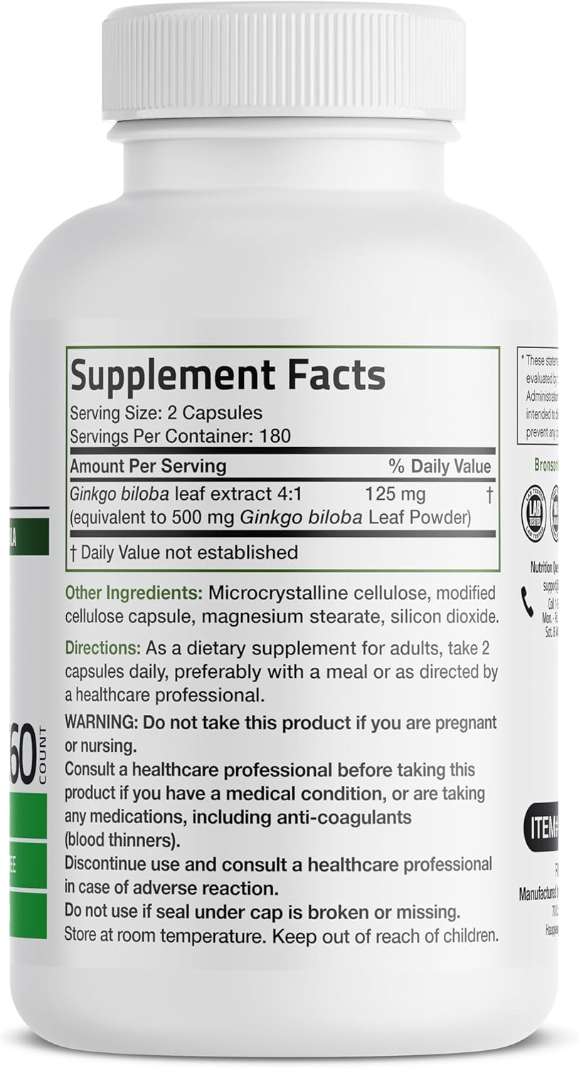 Bronson Ginkgo Biloba Extra Strength Supports Brain Function & Memory Support, 360 Vegetarian Capsules