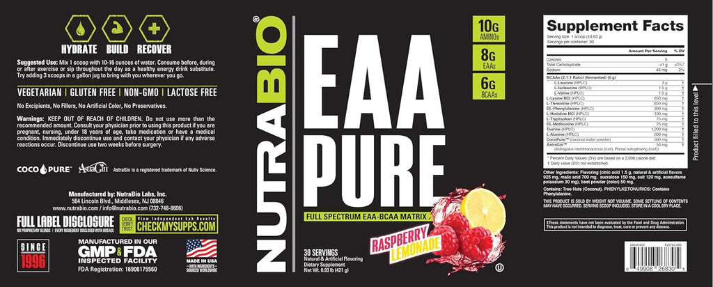 NutraBio – EAA Pure – 9 Amino Acids – Muscle Repair and Recovery, 30 Servings, Raspberry Lemonade – Pre or Post Workout – All Day Recovery