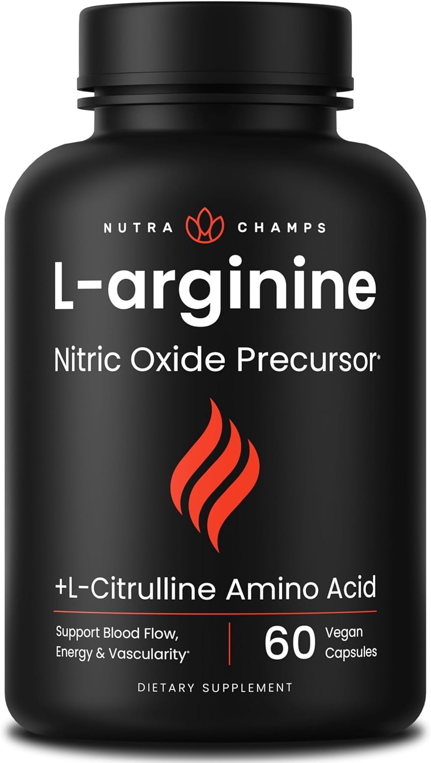 NutraChamps Premium L Arginine Supplement, 5-in-1 Nitric Oxide Supplement, L-Arginine Powder & L Citrulline Enhanced with Grape Seed & Ginger, Energy, Blood Flow, 60 Vegan Capsules