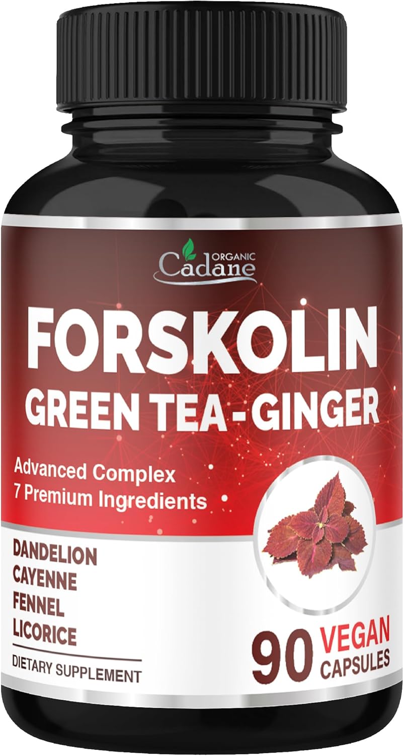 Organic Cadane Forskolin Supplement with Green Tea, Ginger, Dandelion, Cayenne, Fennel, and Licorice| Body Management & Energy Support | Vegan, Non-GMO – 90 Capsules – 45-Day Supply