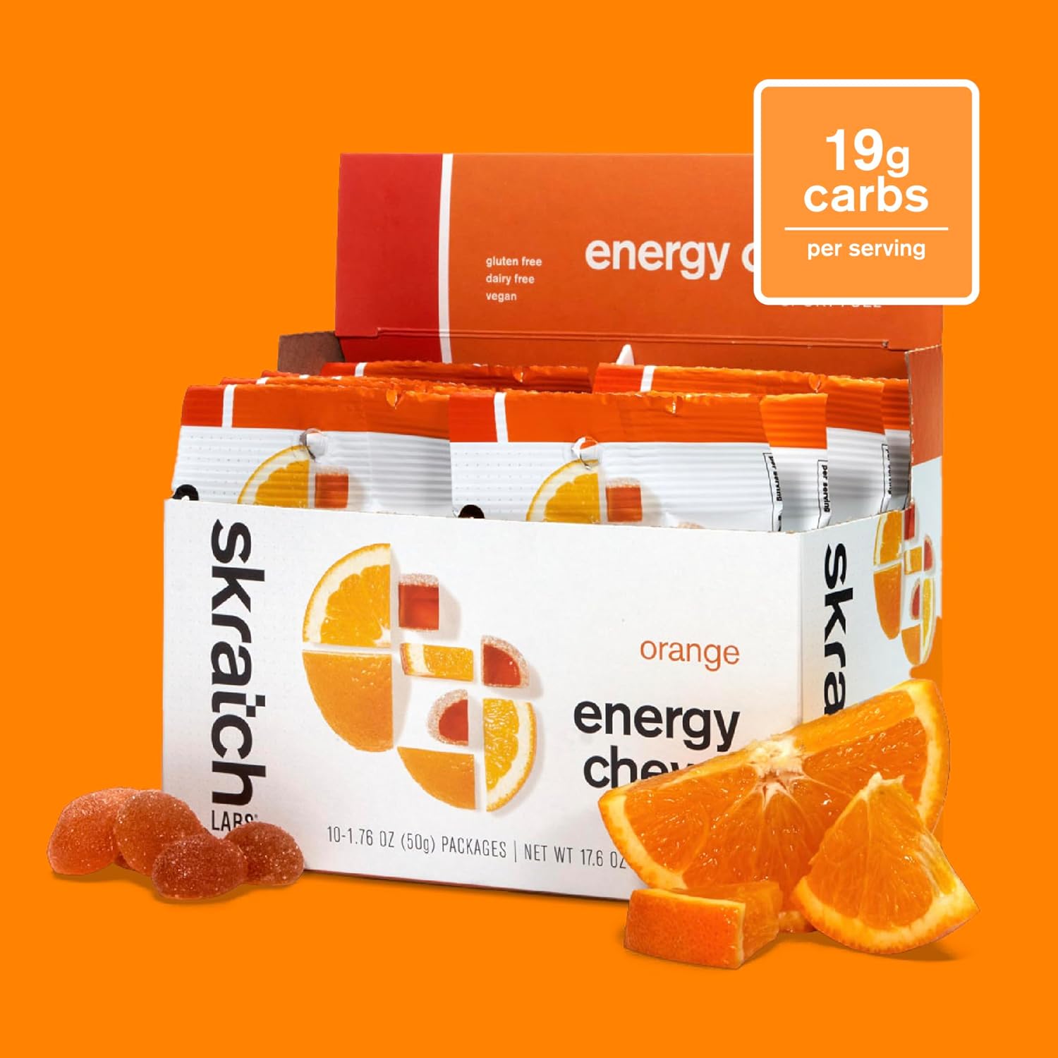 Skratch Labs Energy Chews | Gummies for Running, Cycling, and Sports Performance | Gel Alternative | Orange (10 Pack) | Gluten Free, Vegan