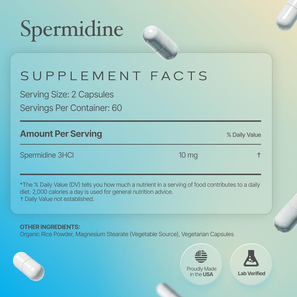 Spermidine Capsules 𝗚𝗟𝗨𝗧𝗘𝗡 𝗙𝗥𝗘𝗘 99% Concentration 100x More Potent Than Wheat Germ Extract for Anti-Aging DNA Telomere Support