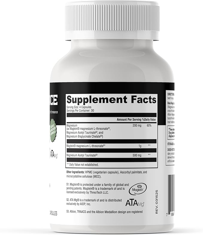 Magnesium L-Threonate + Mag Acetyl-Taurate (ATA Mag) + Mag Glycinate | Promotes Cognitive Well-Being, Enhanced Memory, Mental Clarity and Overall Brain Function | 120 Capsules