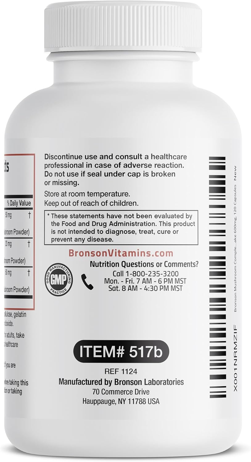Bronson Triple Mushroom Complex - Maitake - Reishi - Shiitake - Powerful Antioxidant and Immune System Booster - Full Spectrum Mushroom Complex - 600 mg Capsules - 120 Count