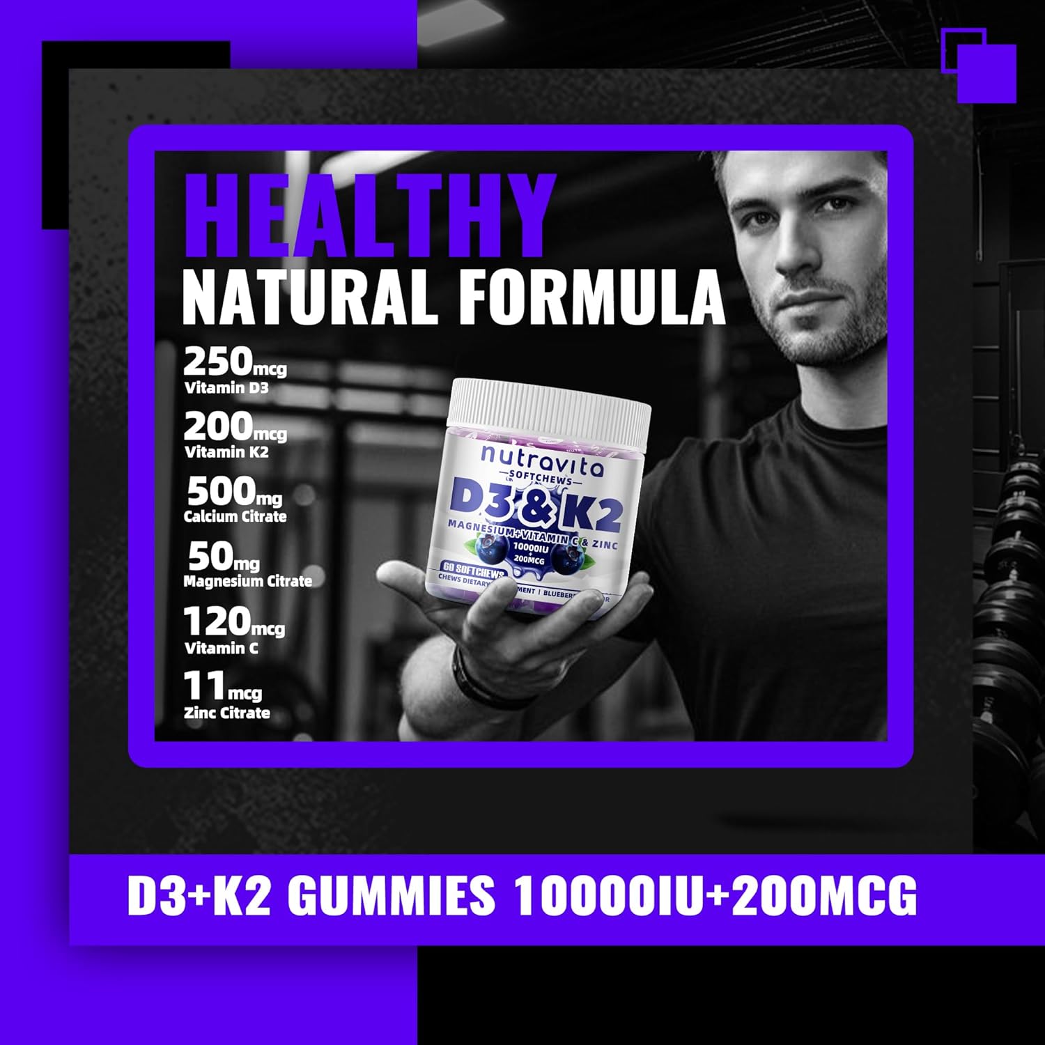 Sugar-Free Vitamin D3 K2 Chews with Calcium + K2 (MK-7), Magnesium Citrate, Vitamin C, Extra Strength - Ultimate Absorption for Bone Muscle Teeth Immune, Vegan - 60 Count-Blueberry Flavor
