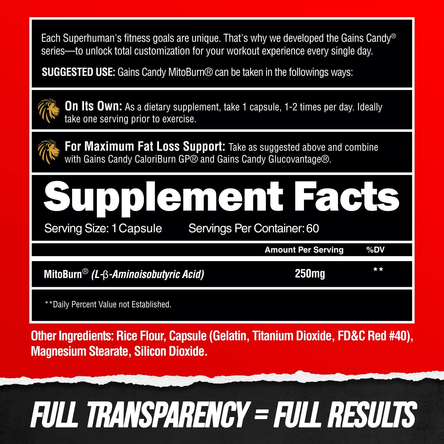 ALPHA LION Gains Candy, Supplement Pills That Support Weight Loss, Appetite Suppressant, Keto-Diet Friendly, Decrease Body Fat, Upgrade Energy & Workout Performance, 60 Capsules (MitoBurn®)