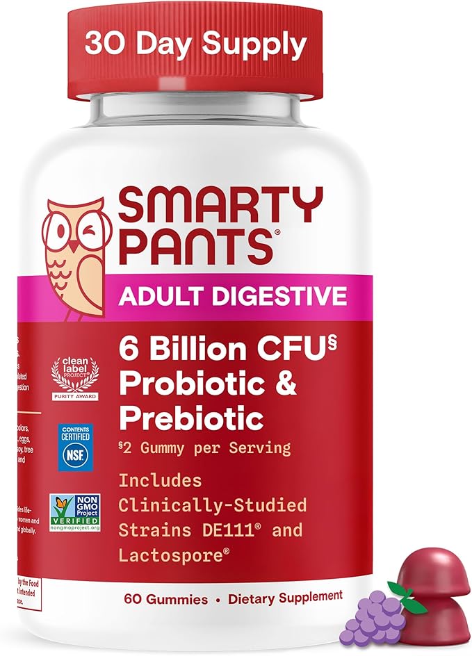 SmartyPants Adult Probiotic & Prebiotic Gummies for Digestive Health: 6 Billion CFU Gut Health Supplement, Clinically Studied Prebiotic for Immune Support, Grape, 60 Count (30 Day Supply)