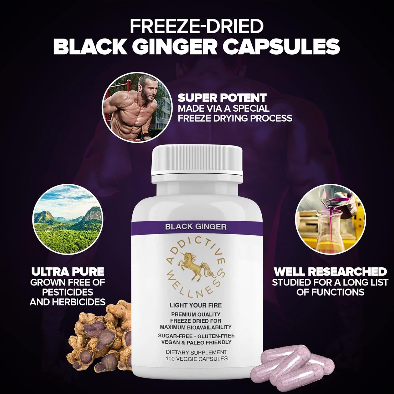 Addictive Wellness Black Ginger Capsules 450mg, Kaempferia Parviflora Supplement to Support Energy, Metabolism, Endurance & Performance, Thai Black Ginger for Men, Vegan & Paleo, 100 Count
