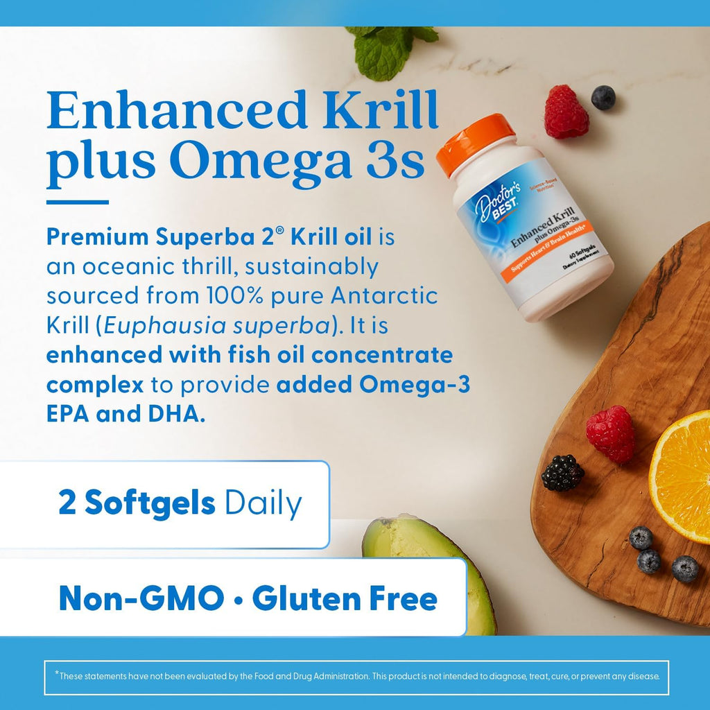 Doctors Best Enhanced Wild Caught Antarctic Krill (Superba2) Plus Omega-3s, Supports Heart & Brain Health, Non-GMO, Gluten Free 60 Softgels
