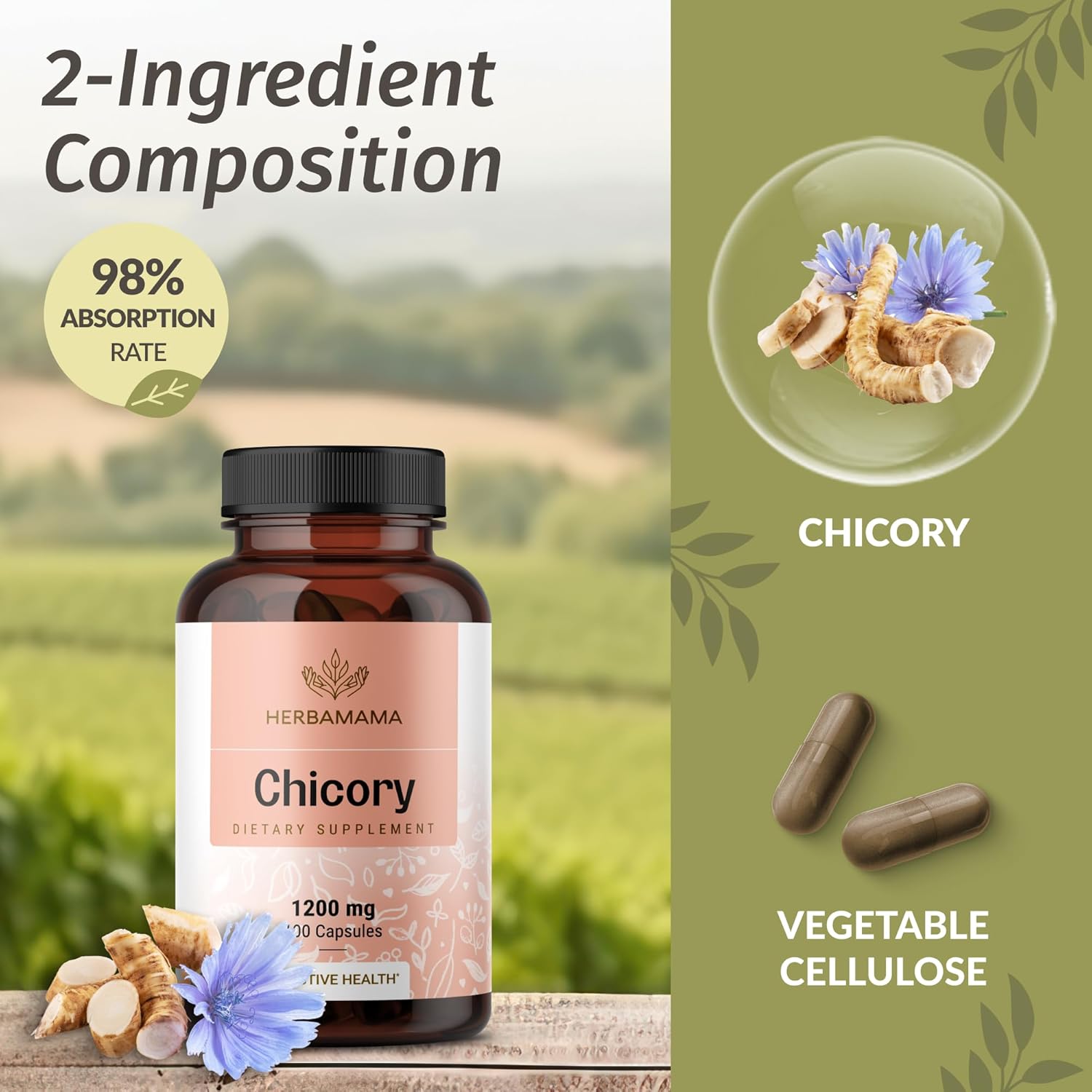 HERBAMAMA Chicory Root Fiber Capsules - 1200mg Chicory Root Powder for Gut Cleanse & Digestive Support - Vegan, Non-GMO Inulin Prebiotic Fiber Supplement, 100 Caps