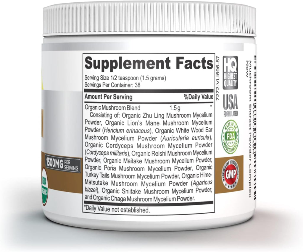 Organic 11 Mushroom Powder - USDA Certified - Lion's Mane, Reishi, Cordyceps, Maitake, Shiitake, Turkey Tail, Chaga, Zhuling, Wood Ear, Poria Cocos, Hime-Matsutake - Immunity & Energy, No filler