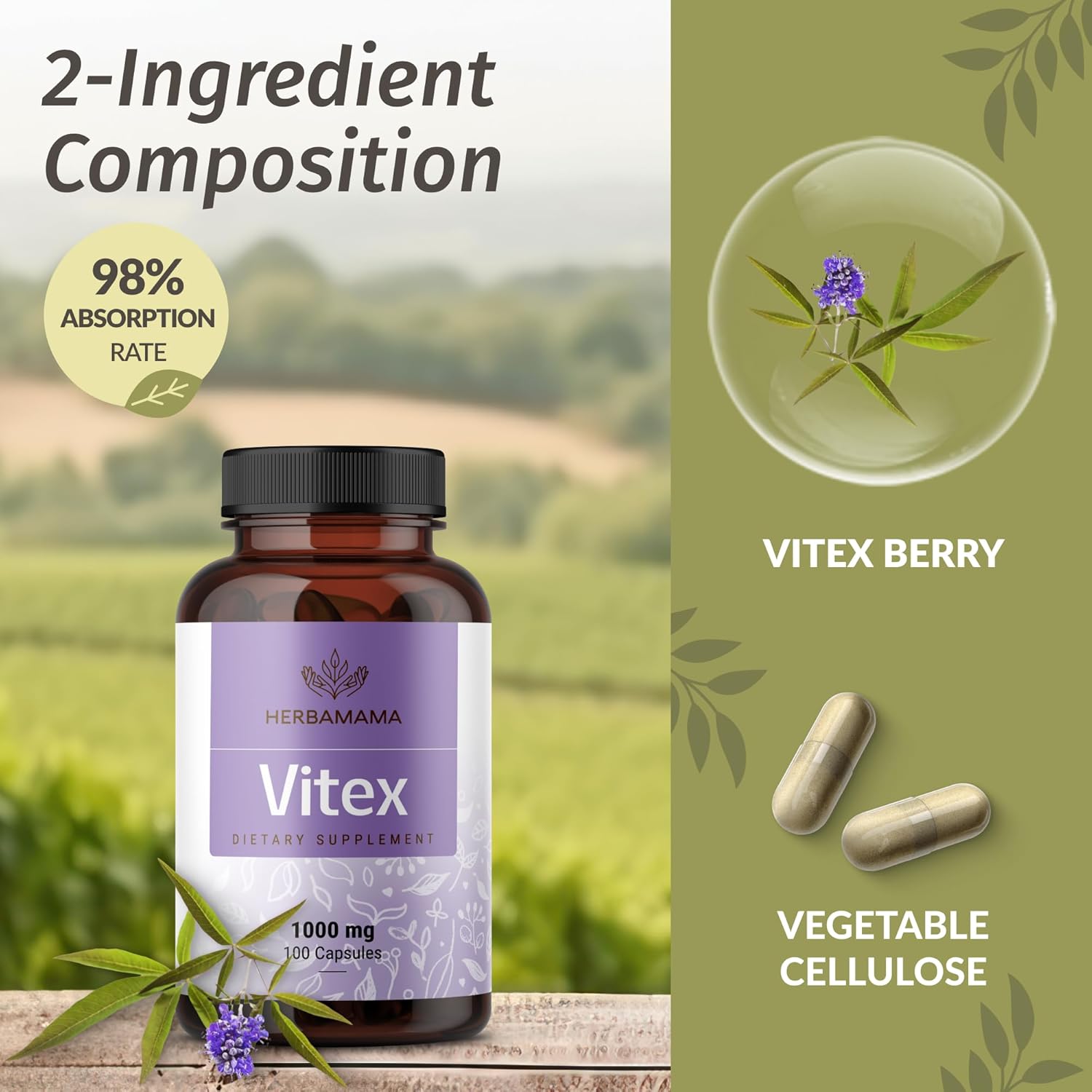 HERBAMAMA Vitex Fruit Capsules - 1000mg Chaste Tree Berry Powder for Women's Support - Vegan, Non-GMO Pure Vitex Chasteberry Supplement for Women, 100 Caps