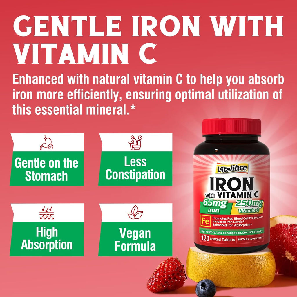 Iron Supplement 65mg with Vitamin C, Stomach Friendly Carbonyl Iron, High Potency & Absorption, for Healthy Iron & Energy Levels, Supports Red Blood Cell Production, 120 Tablets