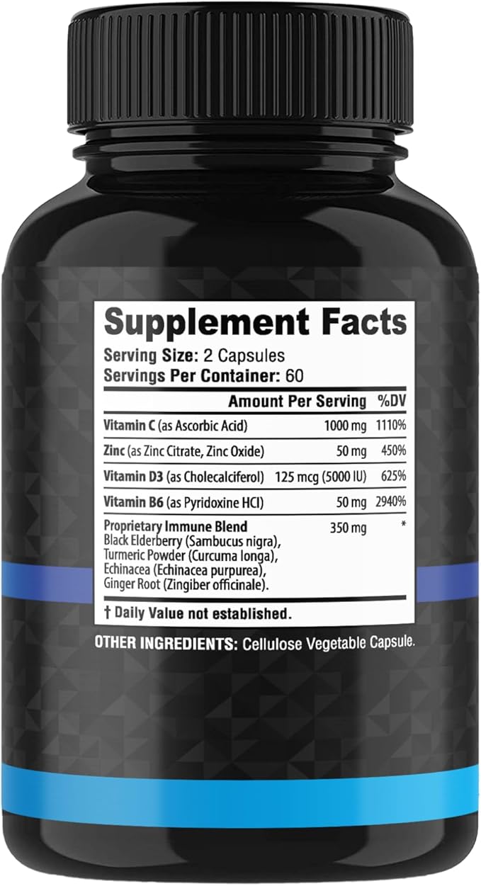 8 in 1 Immune Support Booster Supplement with Echinacea, Vitamin C and Zinc 50mg, Vitamin D 5000 IU, Turmeric Curcumin & Ginger, B6, Elderberry 120 Count (Pack of 1)