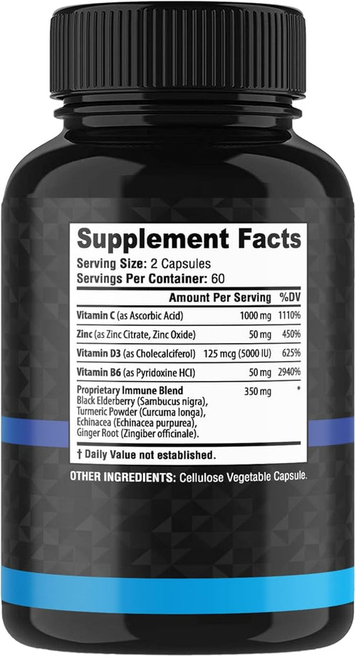 8 in 1 Immune Support Booster Supplement with Echinacea, Vitamin C and Zinc 50mg, Vitamin D 5000 IU, Turmeric Curcumin & Ginger, B6, Elderberry 120 Count (Pack of 1)