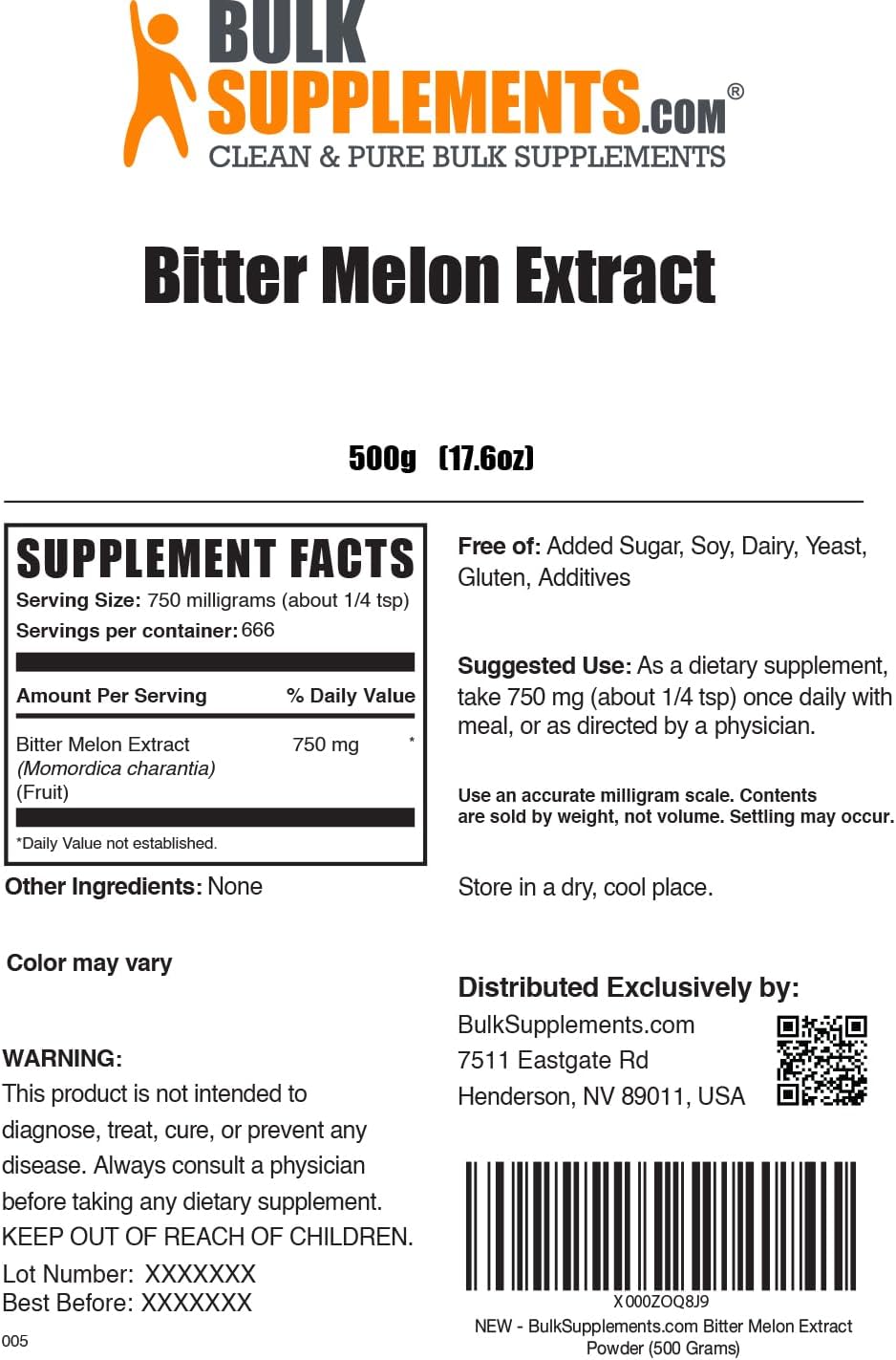 BulkSupplements.com Bitter Melon Extract Powder - Bitter Melon Supplement, Bitter Gourd Extract - Herbal Supplement, Gluten Free, 750mg per Serving, 500g (1.1 lbs) (Pack of 1)