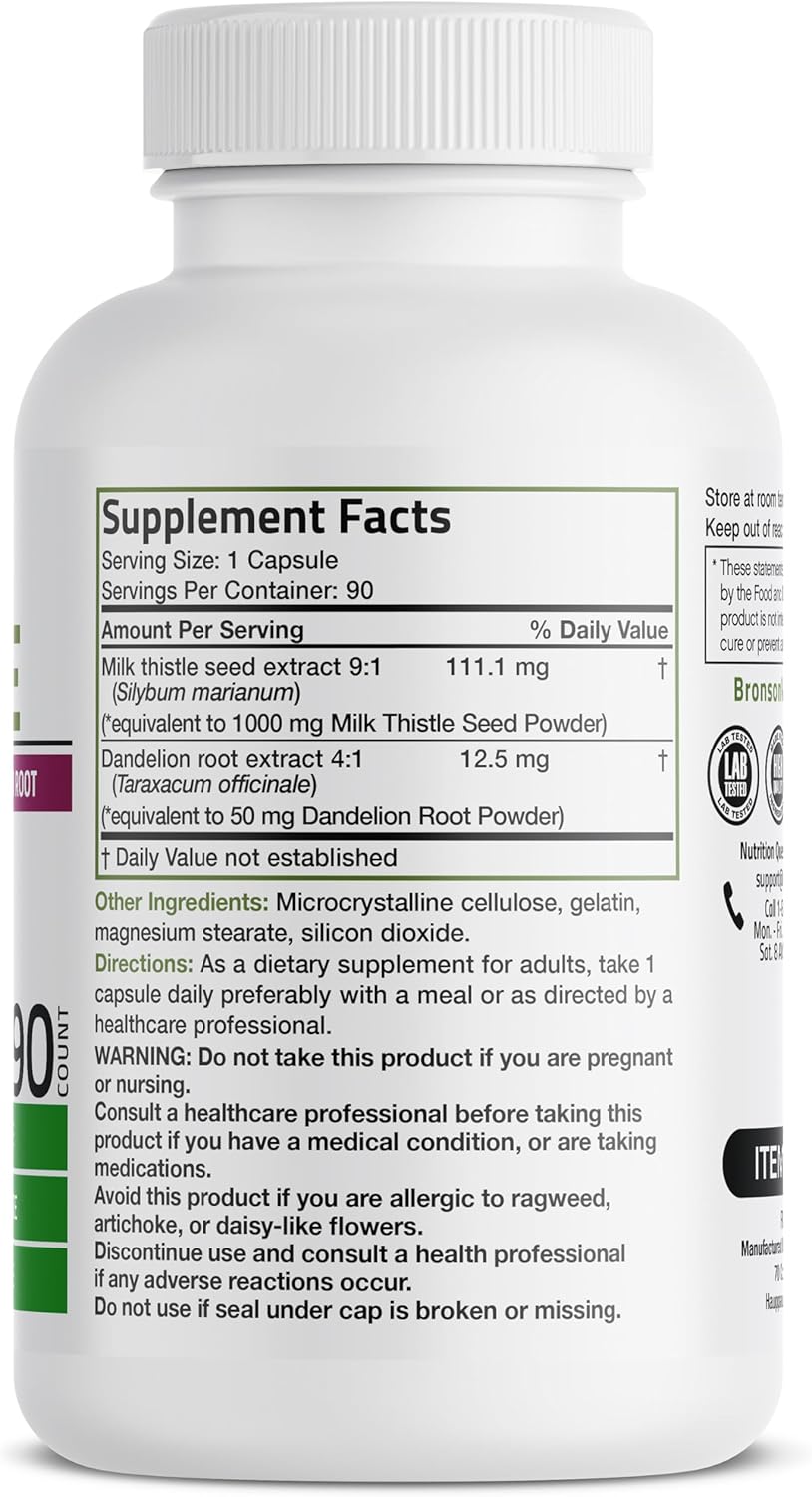 Bronson Milk Thistle Silymarin Marianum & Dandelion Root Liver Health Support, Antioxidant Support, Detox, 90 Capsules
