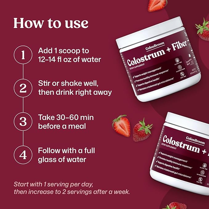 ColonBroom Colostrum + Fiber Supplement (Strawberry Flavor, 30 Servings) | Bovine Colostrum Powder & Psyllium Husk Powder | for Gut Health & Immunity | Gluten-Free, Non-GMO, Sugar-Free