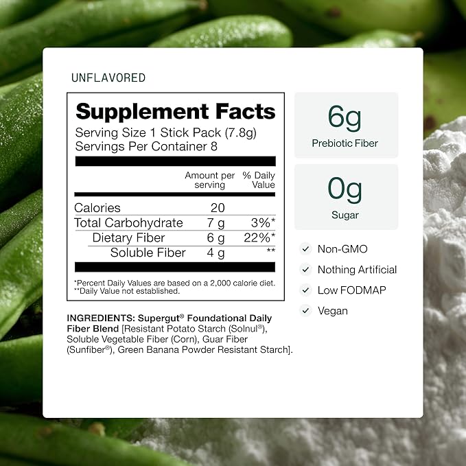 Supergut Foundational Daily Fiber, Vegan & Sugar Free Prebiotic Powder Blend for Gut Health & Digestive Support, Plant Based Supplement for Men & Women with 6g of Fiber, Unflavored, 15 Stick Packs