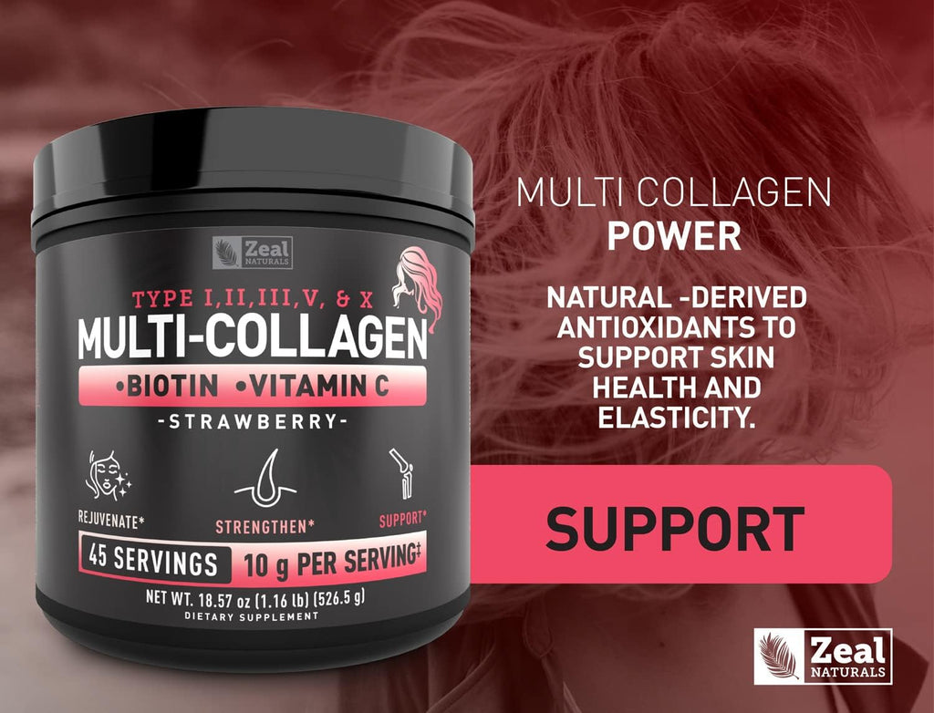 Premium Multi Collagen Peptides Protein Powder (1, 2, 3, 5 & 10) with Vitamin C, Biotin, Hyaluronic Acid, for Hair Skin and Nails - Marine, Bovine, Chicken & Eggshell (Strawberry, 45 Servings)