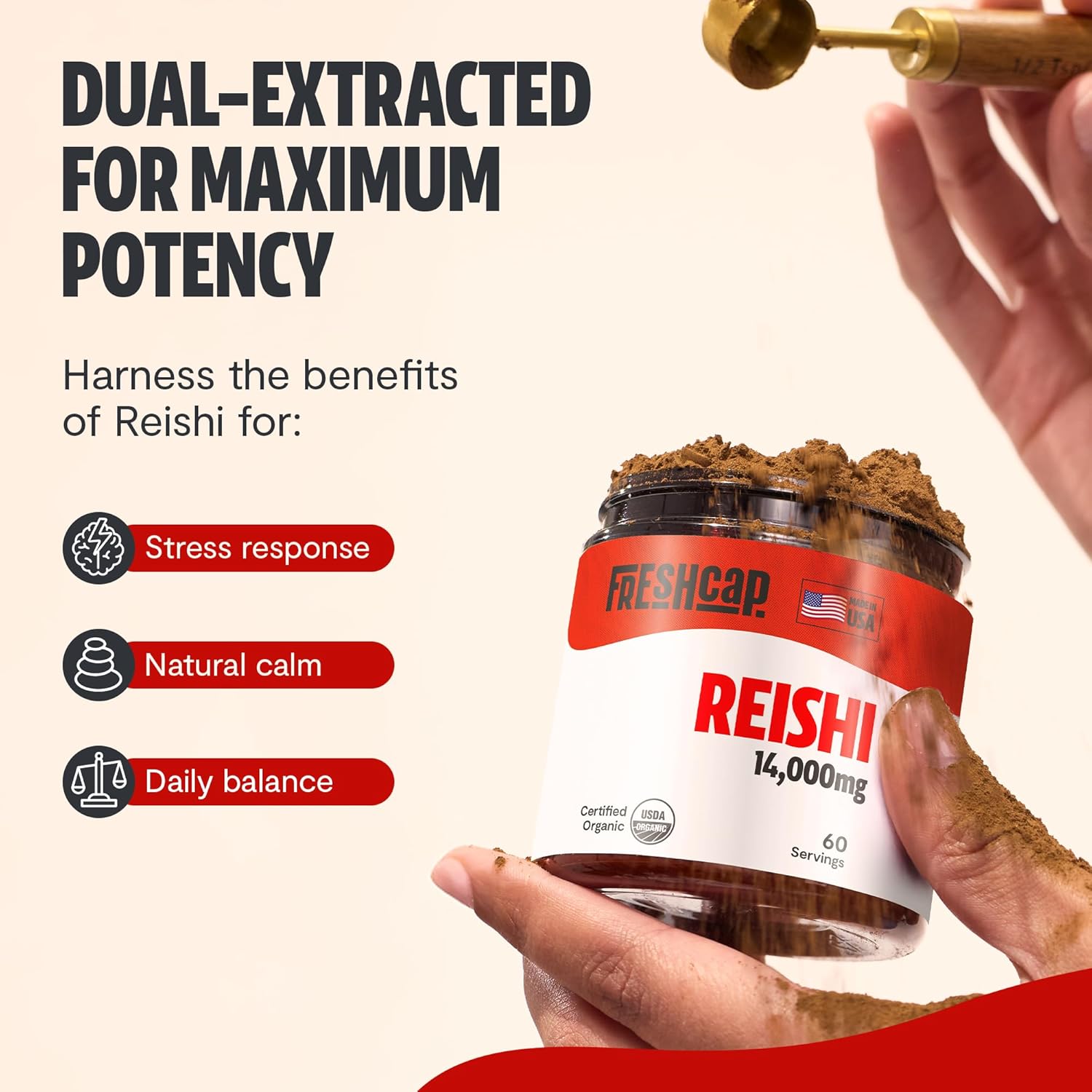 FreshCap Mushrooms Reishi Mushroom Powder 14,000mg - Organic Mushroom Extract Supplement Powder, Ayurveda Nootropic Red Reishi Supplement Blend (60 Servings)