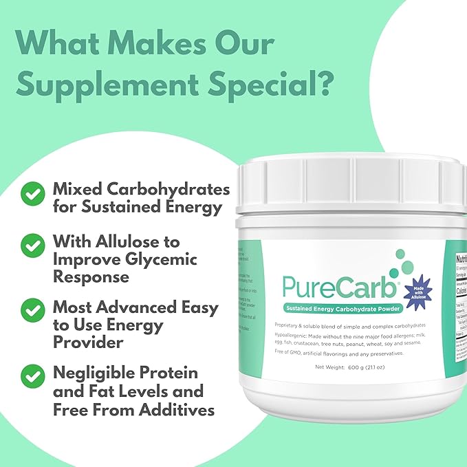 PureCarb Sustained Energy Carbohydrate, Post & Pre Workout Supplement Powder, Allergen-Free Energy Powder with Simple & Complex Carbohydrates, and Low Glycemic Index, 600g
