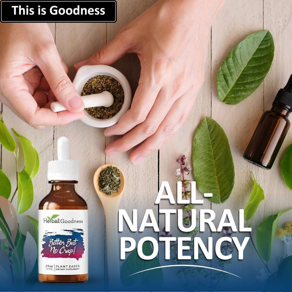 Herbal Goodness Bitter But No Crap Liquid Supplement for Body Cleanse, Energy Support and Health Boost | Non-GMO Burdock Root Organic, Bitter Melon, Maca Root, Dandelion Root - 2 fl. oz per Bottle