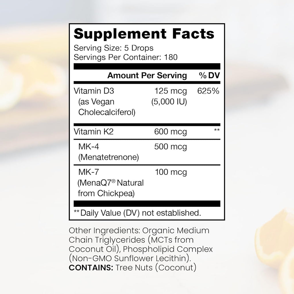 Pure Therapro Rx Vegan D3 + K2 Organic 100% Liposomal 20ml Made in USA | 6 Month Supply | Maximum Absorption Vitamin D3 and Vitamin K2 Supplements for Men and Women, D3 Vitamin 5000 IU