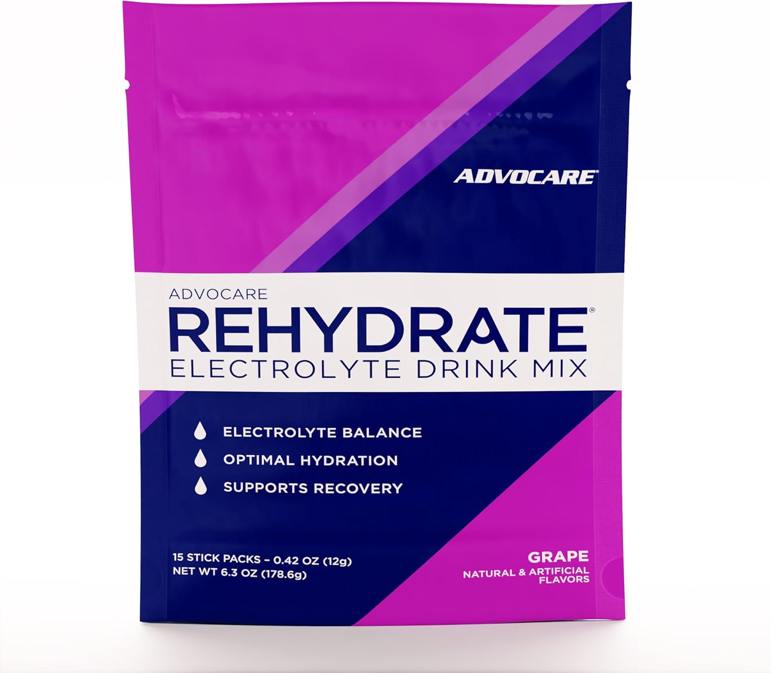AdvoCare Rehydrate - Electrolyte Drink Mix - Includes Magnesium, Sodium, Potassium & Calcium - Antioxidant & Amino Acid Fortified - Hydration & Recovery - Grape, 15 Stick Packs (6.3 oz)