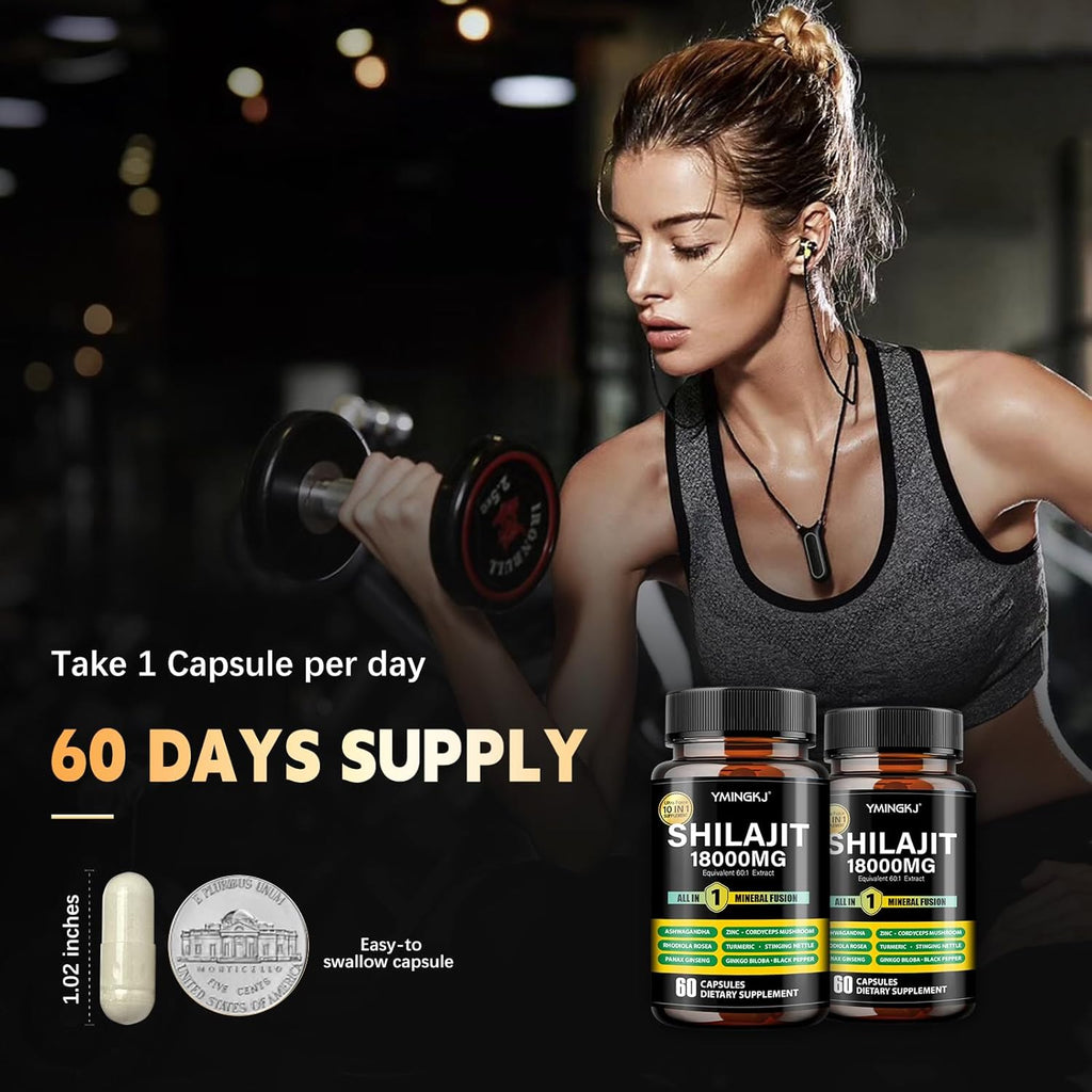 Shilajit Capsules 18000mg with Ashwagandha, Rhodiola Rosea, Panax Ginseng, Cordyceps, Turmeric, Ginkgo, Fulvic Acid Trace Minerals Supplement for Men & Women 60 Count Non-GMO Gluten-Free 2pack