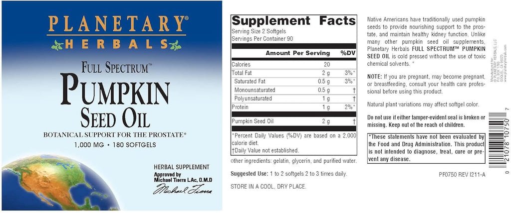 PLANETARY HERBALS Full Spectrum Pumpkin Seed Oil, Botanical Support for The Prostate*, 1,000 mg - 180 Count