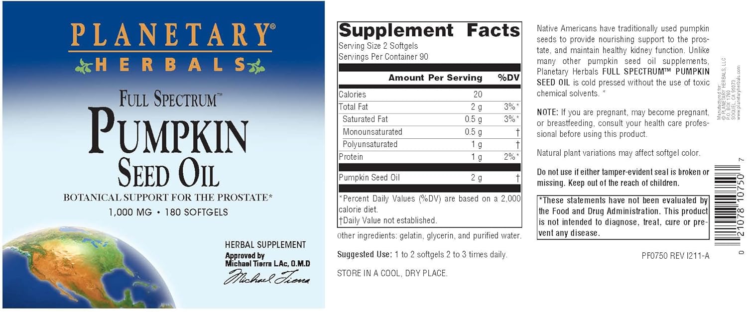 PLANETARY HERBALS Full Spectrum Pumpkin Seed Oil, Botanical Support for The Prostate*, 1,000 mg - 180 Count