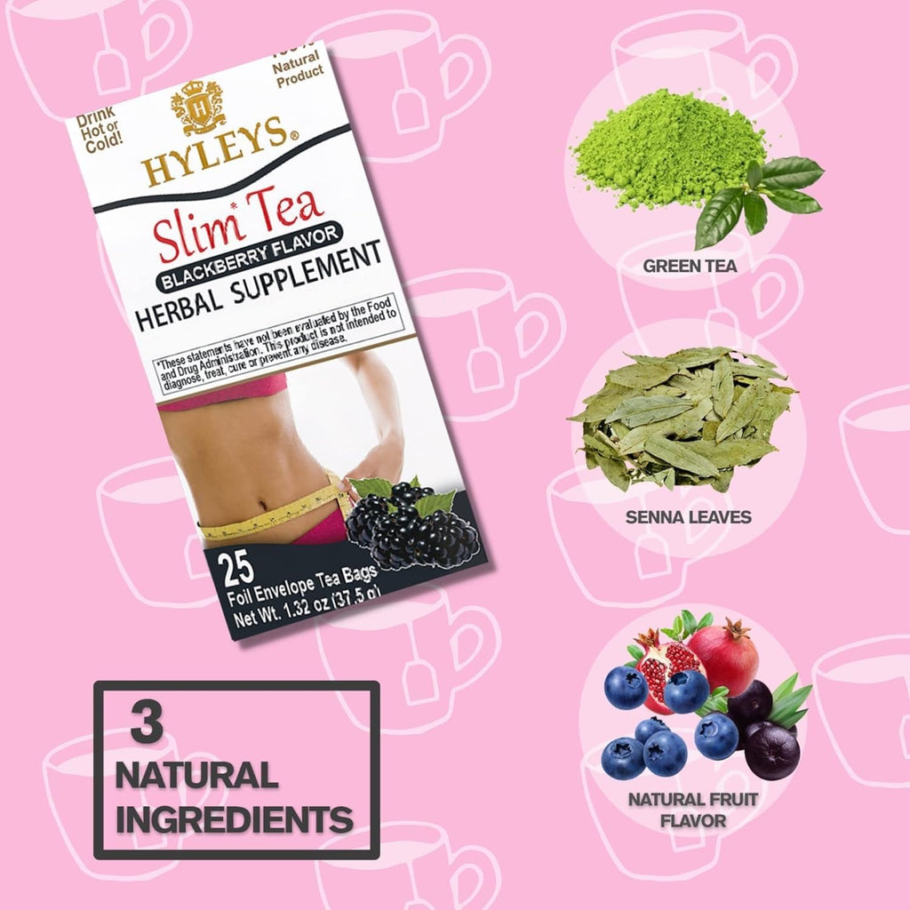 Hyleys Slim Tea Blackberry Flavor - Weight Loss Herbal Supplement Cleanse and Detox - 25 Tea Bags (6 Pack)