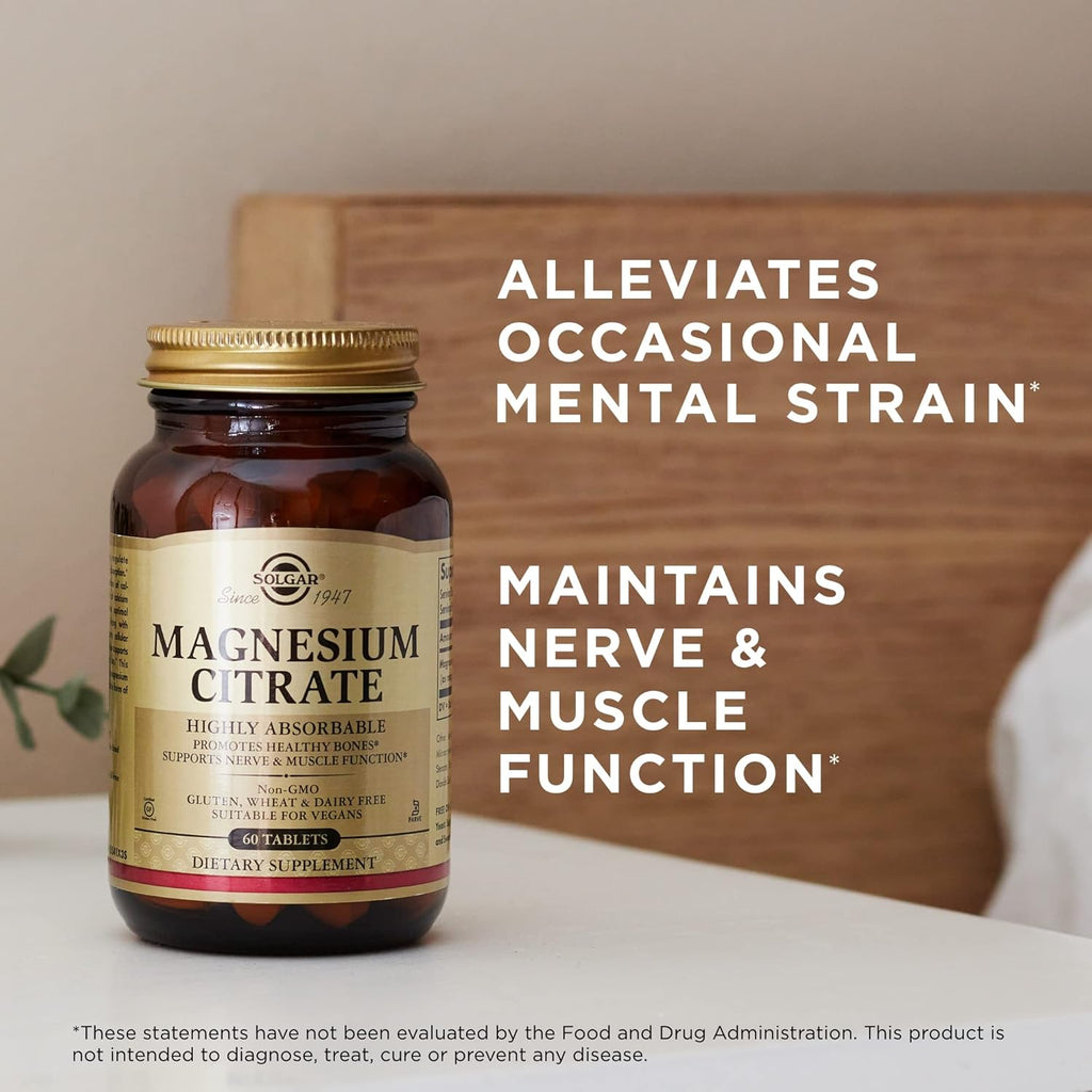 Solgar Magnesium Citrate - 60 Tablets - Supports Nerve & Muscle Function - Highly Absorbable - Non-GMO, Vegan, Gluten Free, Kosher - 30 Servings
