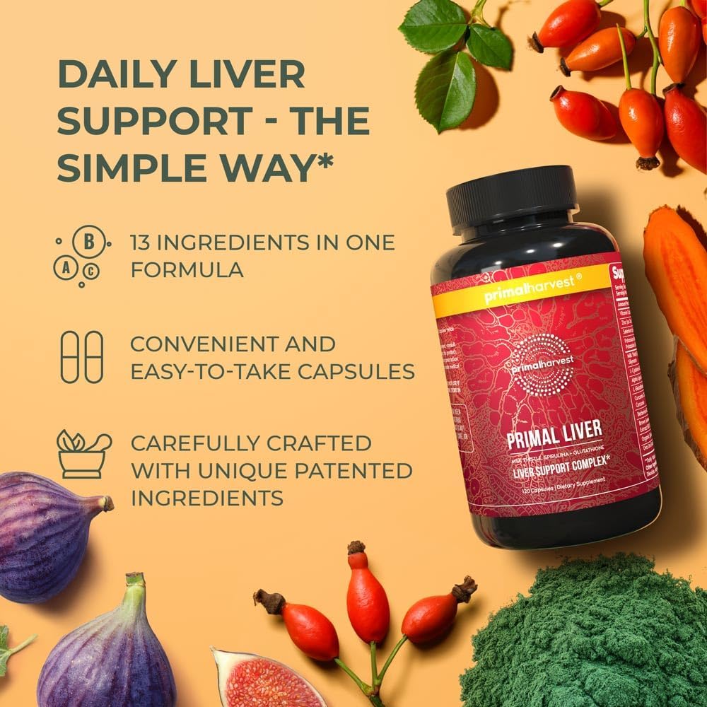 Primal Harvest Primal Liver 2 Pack, Liver Supplement with, Alpha-Lipoic Acid, L-Cysteine HCL, L-Glutathione, Milk Thistle, and Spirulina, for Men and Women, 240 Capsules (2)