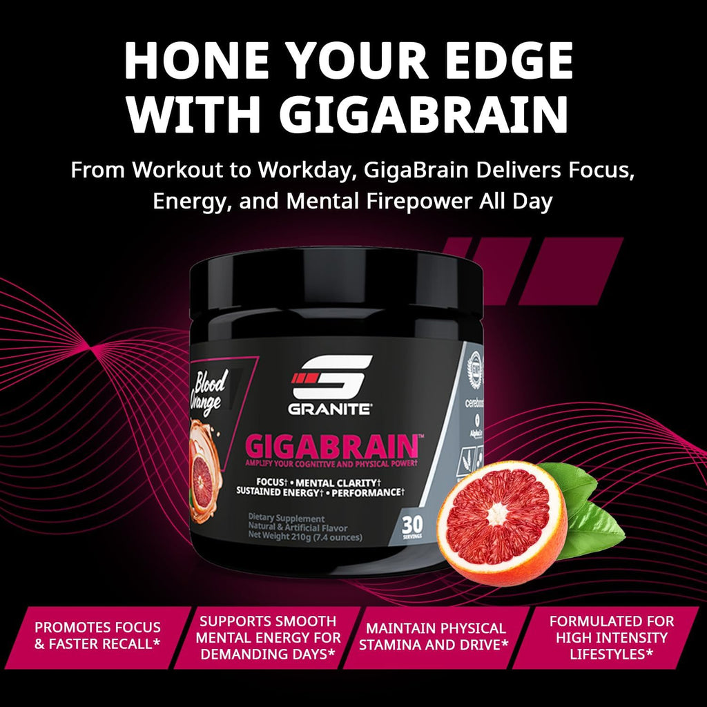 Granite Nutrition GigaBrain Nootropic Energy Powder – Cereboost, Alpha-GPC & ElevATP – Cognitive Focus Supplement for Sustained Energy & Performance – Blood Orange, 30 Servings
