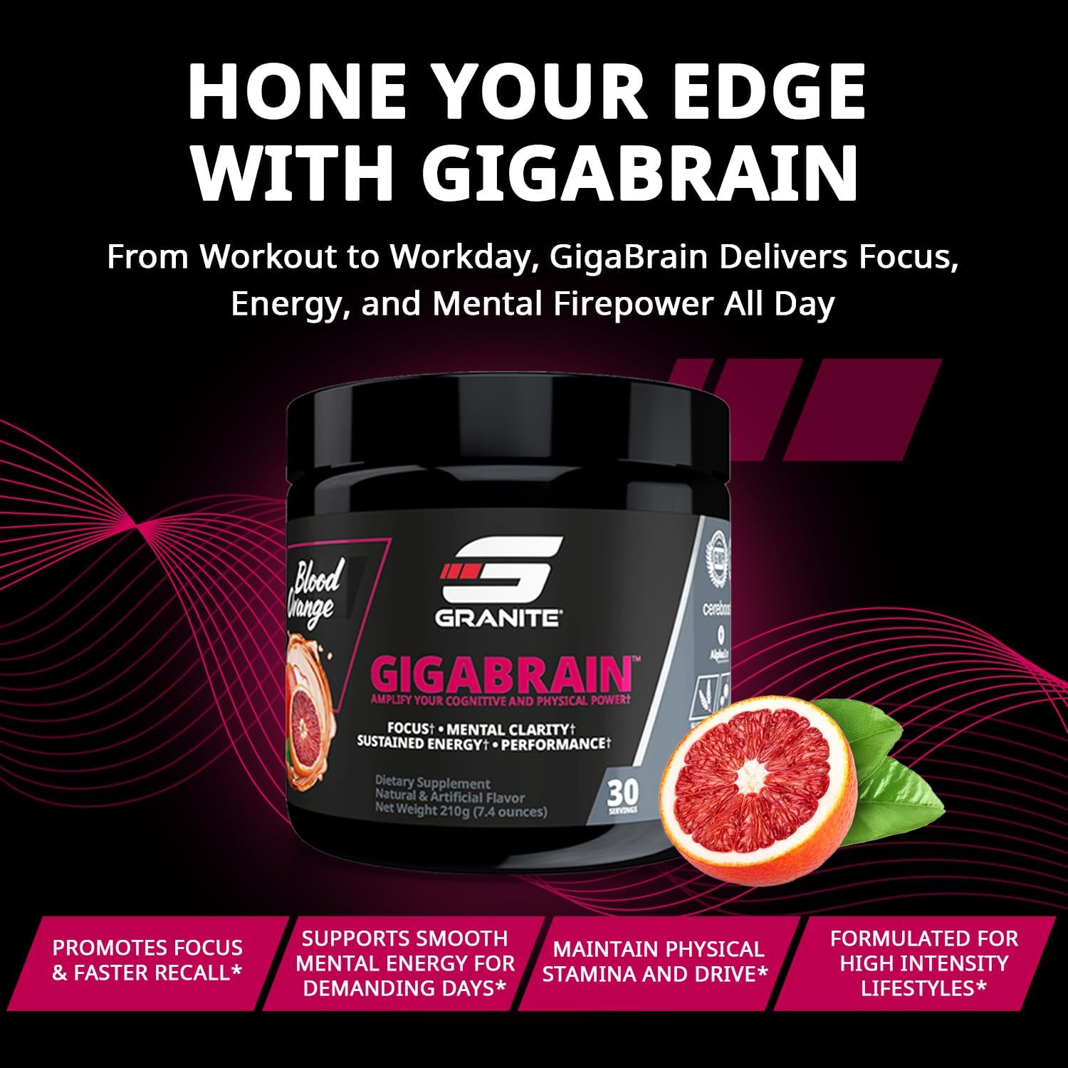 Granite Nutrition GigaBrain Nootropic Energy Powder – Cereboost, Alpha-GPC & ElevATP – Cognitive Focus Supplement for Sustained Energy & Performance – Blood Orange, 30 Servings