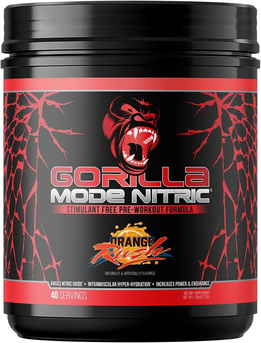 Gorilla Mode Nitric Upgraded Stimulant Free Pre-Workout – Best Tasting and Most Effective Stimulant Free Pre-Workout/Massive Pumps · Vasodilation · Power / 772 Grams (Orange Rush)