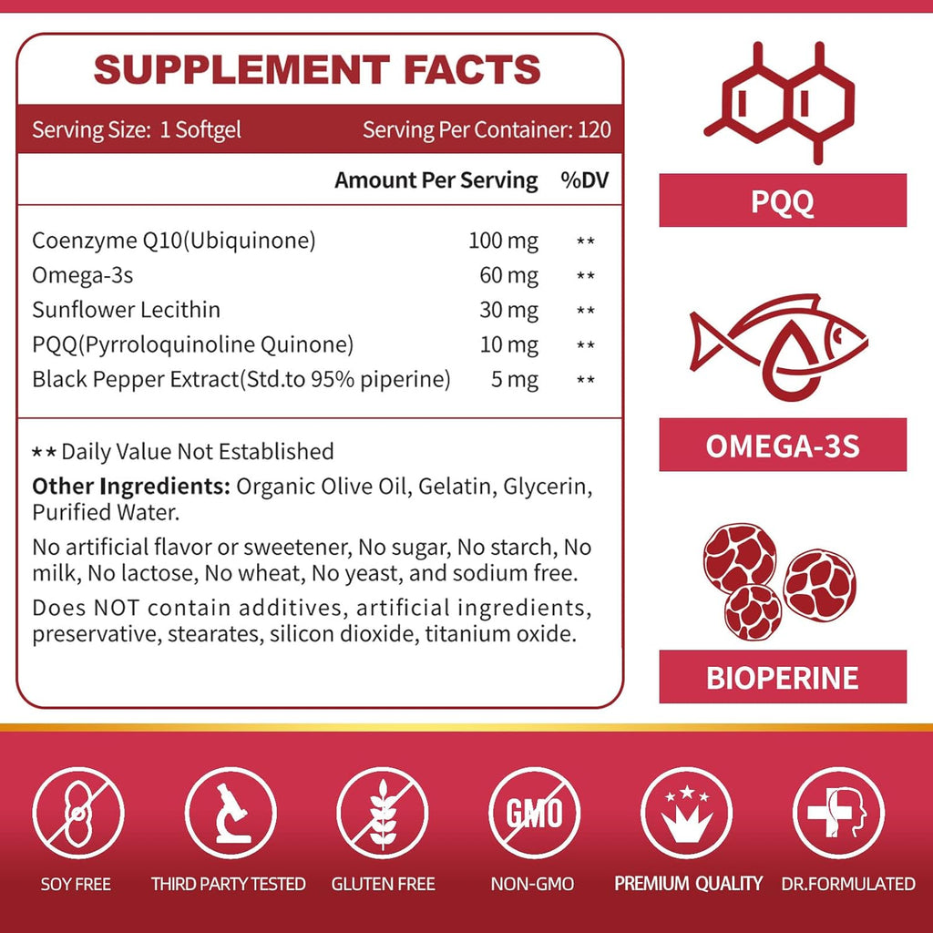 ZEBORA CoQ10-100mg-Softgels with PQQ, BioPerine & Omega-3, High Absorption Coenzyme Q10 Supplement, Powerful-Antioxidant, Support Heart & Energy-Production 120 Servings, Non-GMO