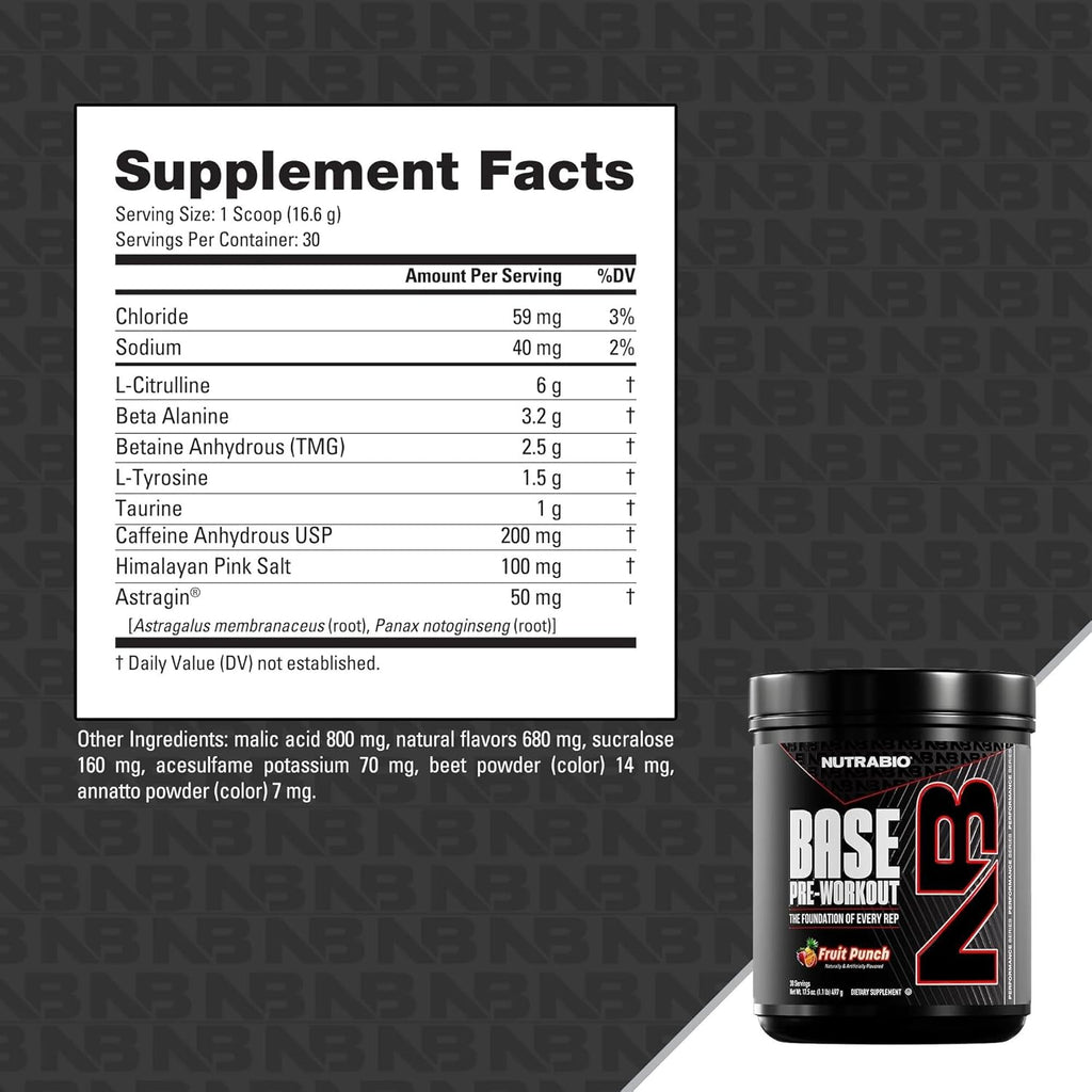 NutraBio Base Pre-Workout Powder 200mg Caffiene, Sustained Energy, Focus, Endurance, Pump, Sugar Free, Clean Preworkout for Men and Women - Beta Alanine, L-Tyrosine, 30 Servings - Fruit Punch